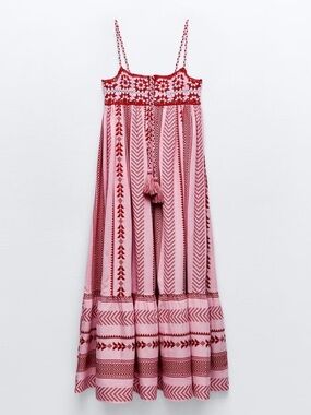 Zara Pink and Red Striped Embroidered Maxi Dress